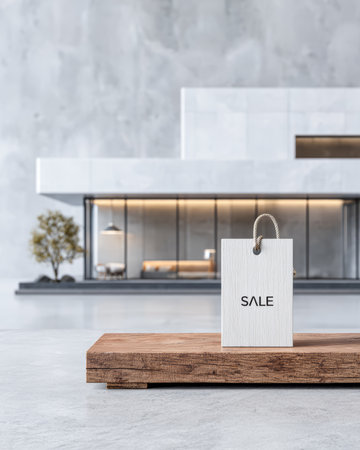 A sale tag is placed on a wooden block in front of a modern shop. The shop features a minimalist design with large glass windows and soft lighting in the background.の素材