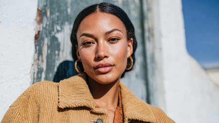 A woman poses against an old wall during the day. Sunlight highlights her features. She wears a jacket and hoop earrings. She looks directly at the camera.の素材