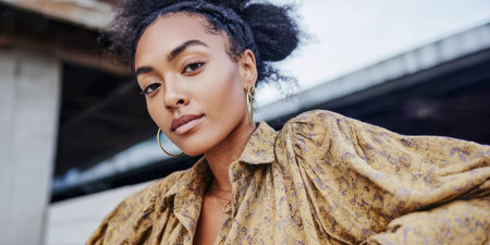 A young woman stands outdoors looking at the camera while wearing a patterned shirt and hoop earrings. She has curly hair styled up and displays a confident expression.の素材