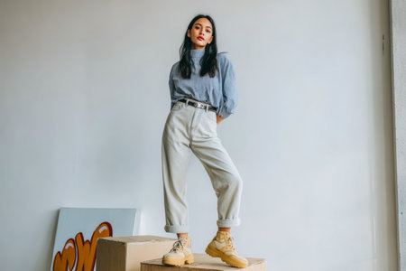 A woman stands on a box in a bright indoor area. She is dressed in casual clothes with rolled-up sleeves and pants. Natural light comes through the window.の素材