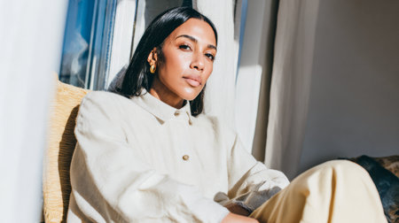 A woman sits in a bright room with sunlight coming through the windows. She wears light clothing and looks comfortably at the camera. Her hair falls straight down her shoulders.の素材