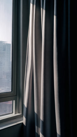 Sunlight enters through curtains in a city apartment. The scene shows a view towards tall buildings outside the window. Soft shadows create a simple contrast.の素材