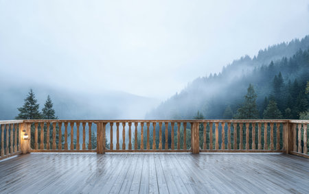 A wooden balcony sits empty as fog rolls over mountains and trees in the morning. The calm scene shows nature waking up with soft light and mist hanging in the air.の素材