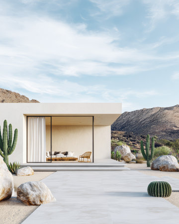 A simple house stands in a desert with cacti and rocks surrounding it. Mountains rise in the background. A clear blue sky shows some clouds. There is a walkway leading to the house.の素材