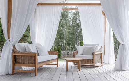 This outdoor seating area features two chairs and a small table. White curtains hang to create a shaded space among trees during a sunny day.の素材