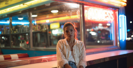 A woman is sitting outside a diner with bright neon lights. She looks relaxed and thoughtful as she waits for her friends. The evening atmosphere is lively with colorful lights.の素材