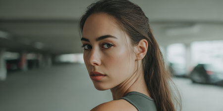 A woman looks back while standing in a parking garage. Her hair is tied back in a ponytail. The scene shows other parked cars in the background under artificial lights.の素材