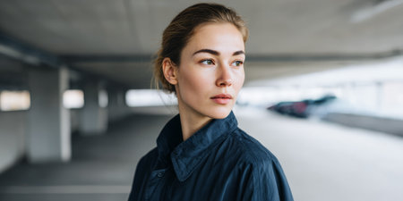 A young woman stands in a parking garage. She looks away from the camera, with cars parked in the background. The lighting is soft, creating a relaxed atmosphere.の素材