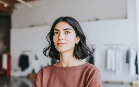 A woman with dark hair looks straight ahead in a clothing store. The shop has a clean design with racks of clothes in the background. Natural light comes in from the windows.の素材