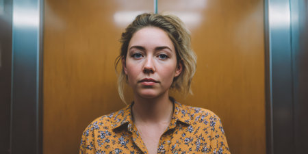 A woman waits in an elevator with wooden walls. She has a neutral expression and soft lighting highlights her features. The setting indicates a city building around mid-day.の素材