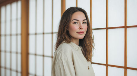 A woman poses next to a wooden panel screen in a bright indoor space. The light creates a warm atmosphere as she smiles gently. Her long hair falls loosely around her shoulders.の素材
