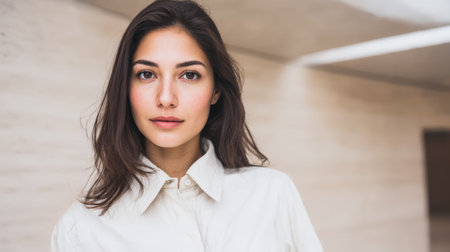 A young woman stands inside a light-colored room with smooth walls. She looks directly at the camera with a slight expression. The setting has natural light coming through.の素材