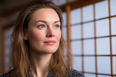 A woman stands near a window, gazing outside with a pensive expression. Wooden panels frame the light coming in, adding warmth to the room during afternoon hours.の素材
