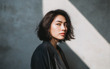 A woman stands near a gray wall where sunlight creates shadows. She looks directly at the camera with a serious expression while wearing a dark top.の素材