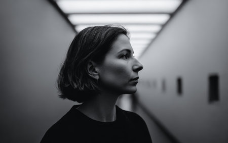 A woman stands still in a long, narrow hallway. Soft light shines from above, creating a focused atmosphere. She looks to the side, deep in thought.の素材