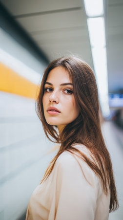A young woman stands in a subway station with bright lighting all around. She turns her head slightly to the side while walking, showing focus and awareness of her surroundings.の素材