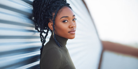 A woman poses by a silver wall, leaning slightly and looking directly at the camera. She has long, twisted hair and wears a dark top. Bright daylight brings out her features.の素材