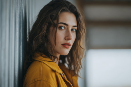 A woman stands by a wall, looking at the camera with a serious expression. She wears a casual outfit and has wavy hair. The scene takes place in daylight and has an urban feel.の素材