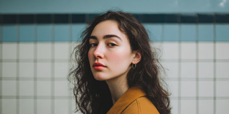 A young woman looks over her shoulder while standing by a tiled wall. Her curly hair frames her face. She appears in a space that has a clean and simple design.の素材