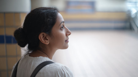 A woman stands alone in a hallway, gazing upward. The setting is bright and open, with tiled floors and a plain wall. There is a sense of quiet in the scene.の素材