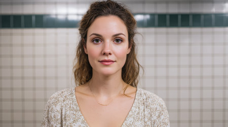 A young woman stands in a room with white tiles on the walls. She looks at the camera with a neutral expression. The setting is simple and well lit.の素材