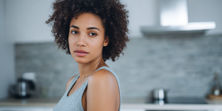 A woman stands in a kitchen wearing a simple gray top. She faces the camera with a serious expression. The kitchen has modern features and bright light coming in.の素材