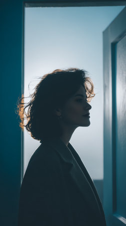 A woman with curly hair is in profile facing a doorway. Light shines from behind her, creating a silhouette. The setting appears bright and airy during the evening.の素材