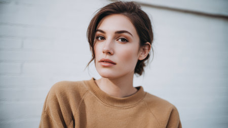 A woman poses in a simple sweater with a neutral expression. She stands against a white wall, and natural light highlights her features.の素材