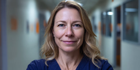 A nurse is standing in a hospital hallway, smiling confidently. She is ready to begin her shift. Patients rely on her help. The hallway is well-lit and shows signs of routine medical activity.の素材