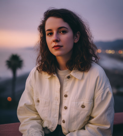 A young woman sits on a balcony with her hair down. She looks at the camera while the sunset casts warm colors in the sky. The ocean and lights are visible in the background.の素材
