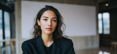A young woman is sitting in an office. She has long, wavy hair and is dressed in black. She looks directly at the camera with a serious expression. The office has a modern setting with large windows.の素材