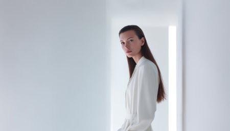 A woman with long hair stands in a light-filled area. She faces the camera with a neutral expression. White walls and soft light create an open feel. The setting is minimal and modern.の素材