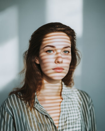 A woman stands in a room with soft light coming through a window. Stripes of shadow form on her face and body. She has long hair and is looking straight ahead, with a neutral expression.の素材