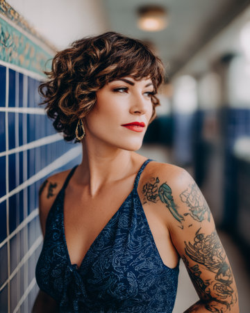 A woman with curly hair and tattoos poses in a corridor lined with blue tiles. She looks to the side, with natural light coming from above, creating a lively scene.の素材