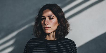A young woman with dark, curly hair stands facing the camera. Stripes of light and shadow form patterns on the wall. The setting appears urban and modern.の素材