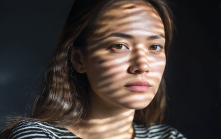 A young woman sits in a dark room. Stripes of light create patterns on her face. Sunlight shines through blinds. Her expression is thoughtful. The scene captures a quiet moment.の素材
