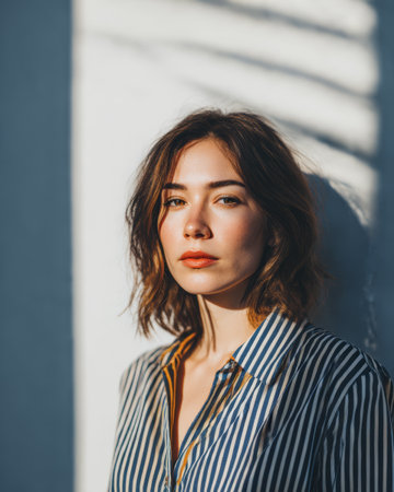 A young woman stands against a white wall with sunlight casting shadows. She has medium-length hair and wears a striped shirt. The scene suggests a warm afternoon outdoors.の素材