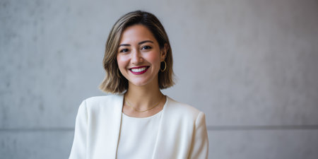A woman stands with a smile in an indoor space. She wears a white outfit and gold earrings. Natural light falls on her as she poses confidently.の素材