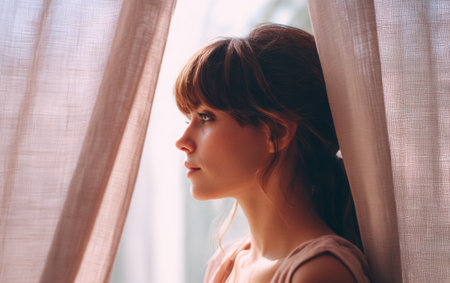A woman stands near translucent curtains, gazing thoughtfully while illuminated by natural light. The setting is a bright room during the day, creating a soft atmosphere.の素材