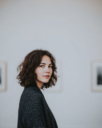 A woman is positioned in an art gallery, facing to the side while looking at the camera. Artwork can be seen hanging on the wall behind her. The setting is well lit during the day.の素材