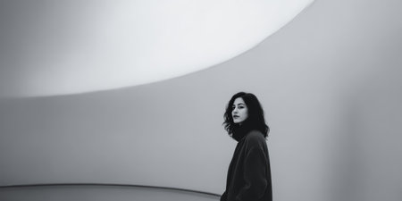 A woman stands alone in an art gallery. She looks around at the curved walls and subtle lighting. The space is minimalist and emphasizes her presence.の素材