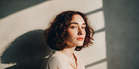 A woman sits quietly against a plain wall, light and shadows from nearby windows create patterns. She gazes thoughtfully, highlighting her natural beauty.の素材