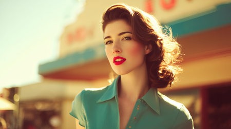 A woman with vintage hairstyle and red lipstick poses in front of a building.の素材