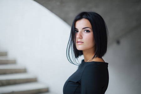 A young woman with dark hair and brown eyes, wearing a black off-the-shoulder dress, poses for a portrait in front of a concrete staircase.の素材