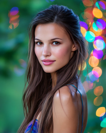 A young woman with long brown hair and freckles smiles softly as she looks over her shoulder. She is wearing a blue dress and is surrounded by blurred colorful lights, suggesting a festive or celebratory atmosphere.の素材