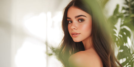 A young woman with long brown hair and freckles looks over her shoulder with a soft gaze, framed by lush green foliage and bathed in soft, natural light. The image evokes a sense of natural beauty and tranquility.の素材