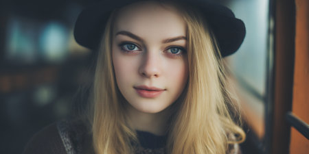 A young woman with blonde hair and blue eyes, wearing a black hat and a patterned sweater, looks directly at the camera with a neutral expression.の素材