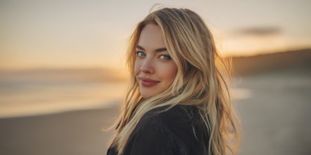 A young woman with blonde hair and blue eyes smiles at the camera as she stands on a beach at sunset.の素材