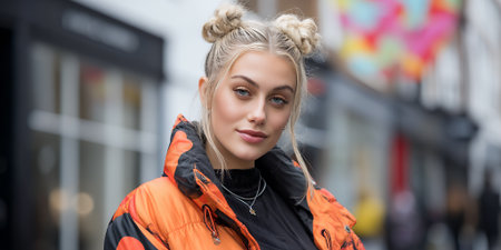 A young woman with blonde hair styled in two buns, wearing an orange puffer jacket, poses for a portrait outdoors.の素材