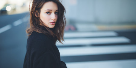 A young woman with brown hair, wearing a black turtleneck, looks over her shoulder at the camera. She is standing on a street with a crosswalk in the background.の素材